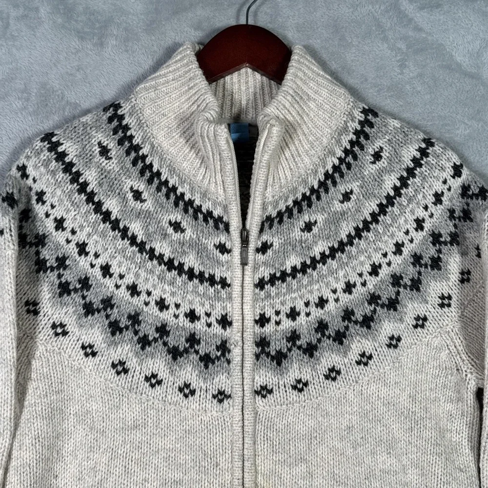 LL Bean Sweater Mens M (Fits S) Gray Wool Full Zip Fair Isle Mock Neck *FLAW - Picture 4 of 11